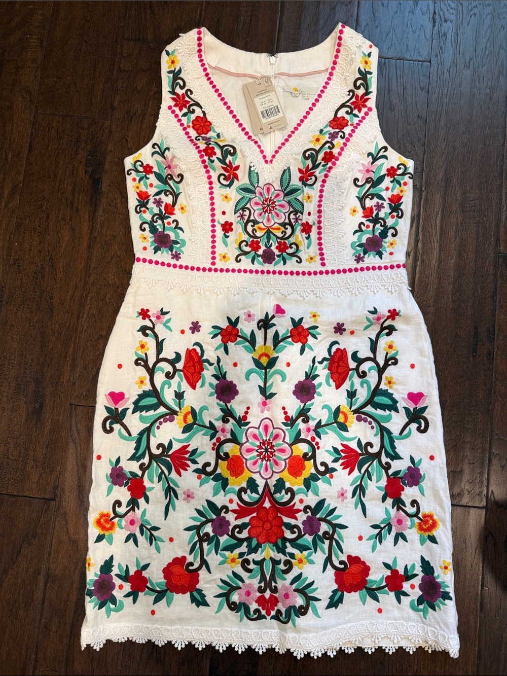 Boden White Floral Embroidered V-Neck Dress